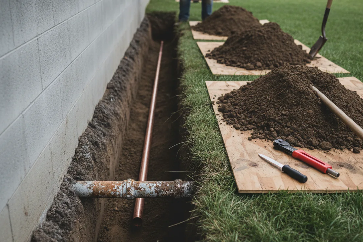 Excavated water line trench during Sewer Line Repair in Sandy Hook